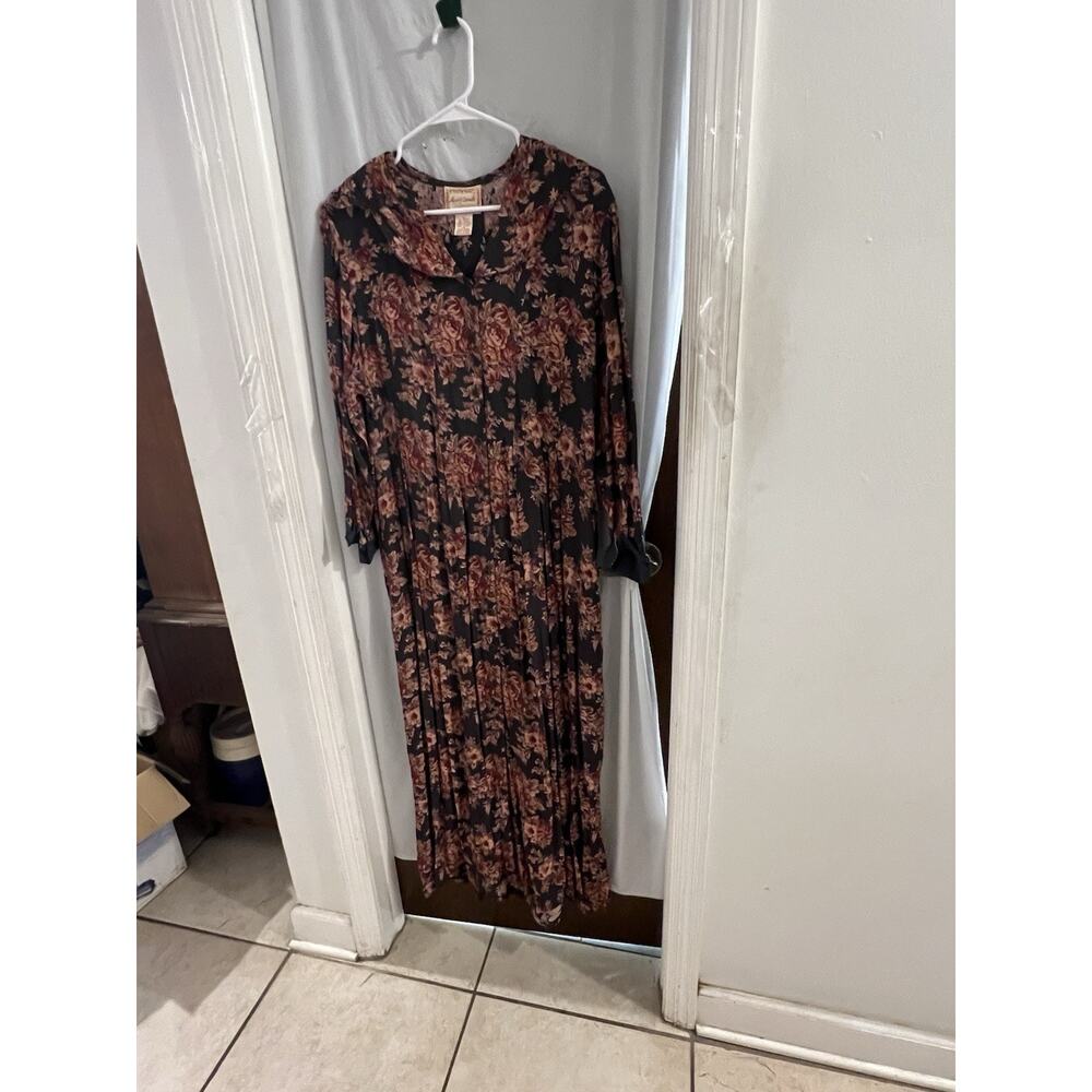 April Cornell Gray Red Floral Maxi Shirt Dress Sz L As Is Spot On Sleev
